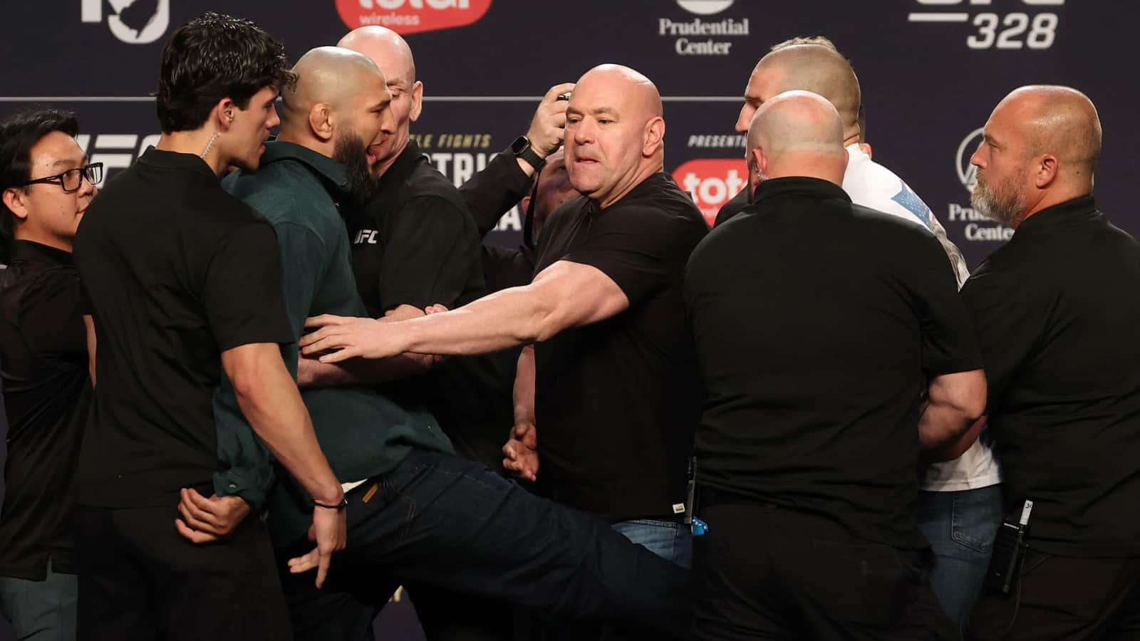 WATCH: Khamzat Chimaev kicks Sean Strickland during chaotic face off at UFC 328 press conference